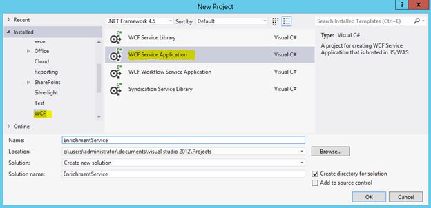 new WCF service application