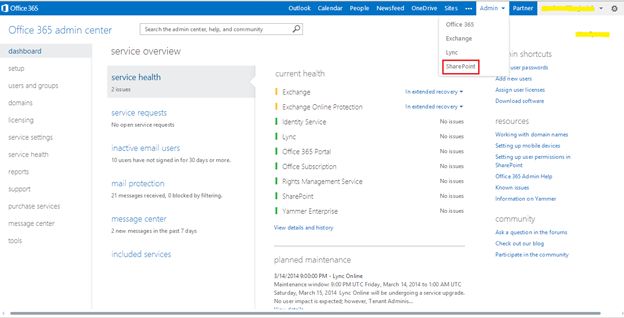 Admin dropdown