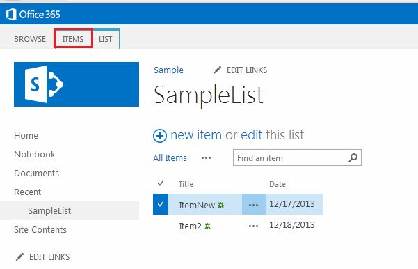 ITEMS option in top ribbon