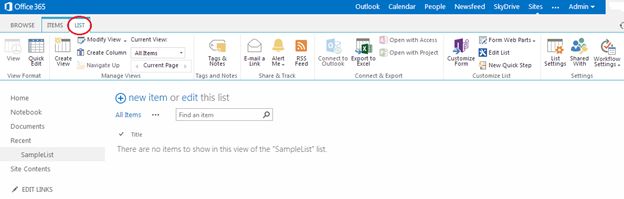 list settings in ribbon bar