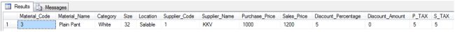 Sql table of material