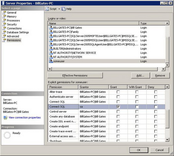 Figure 6 - Permissions page in Server Properties dialog Figure 6 - Permissions page in Server Properties dialog