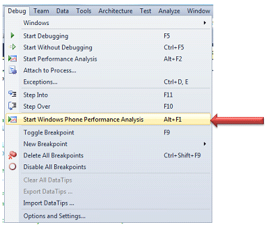 start Performance analysis in windows phone