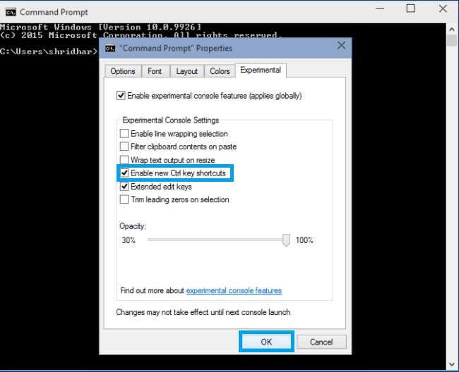 Enable Control Key Shortcuts in Command Prompt: Windows 10