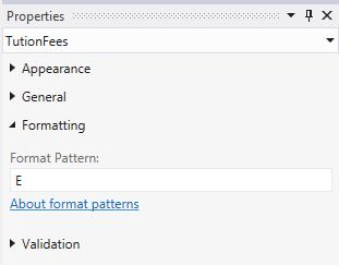 E format pattern in Property Window