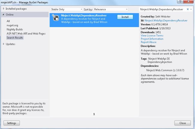 Installed Package Ninject.WebApi.DependencyResolver