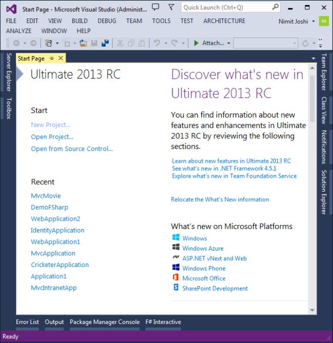 Visual Studio Start Page
