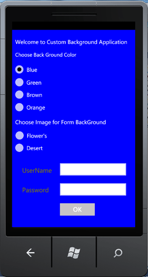 blue background in windows phone application