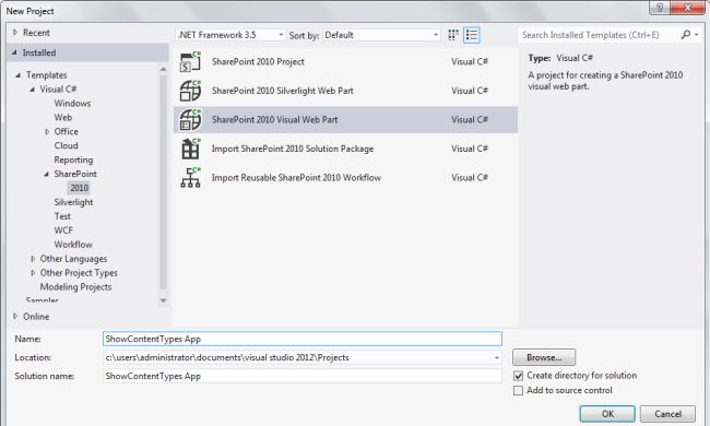 Show All Content Types in SharePoint 2010 Programmatically Using VS 2012
