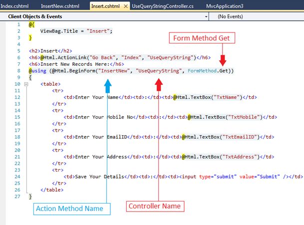 Retrieving Data Using QueryString Parameter and Inserting in ASP.Net MVC 3