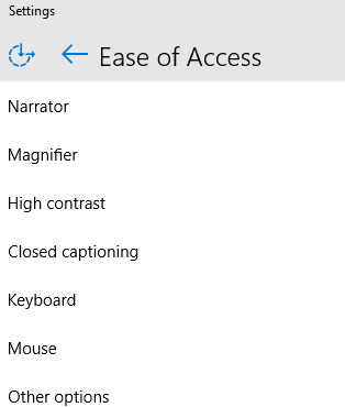 Ease of Access Settings in Windows 10