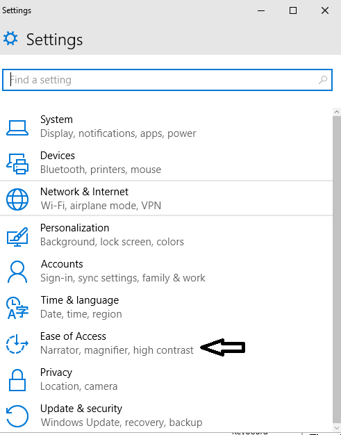 Ease of Access Settings in Windows 10
