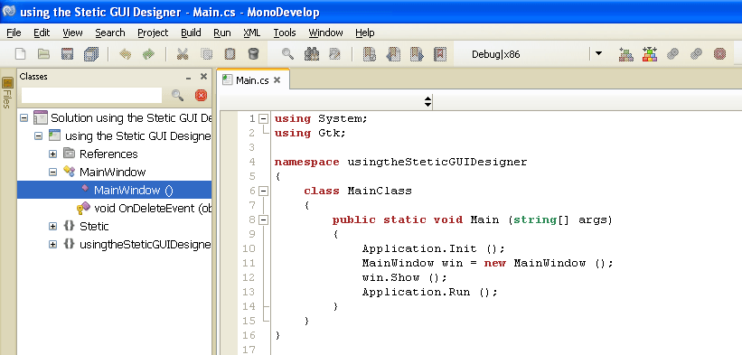 Creating an application using the Stetic GUI Designer with MonoDevelop