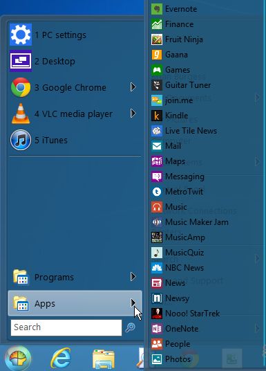 Windows Store apps menu