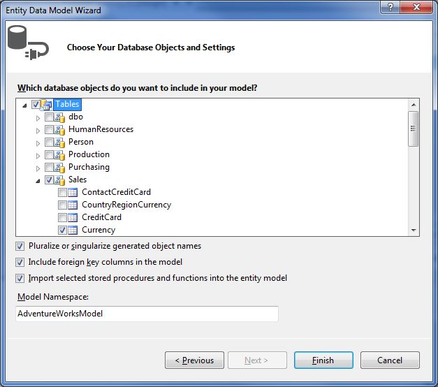 Entity Data Model Wizard-Choose Your Database Objects screen