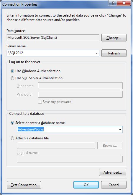 Entity Data Model Wizard-Connection Properties dialog box