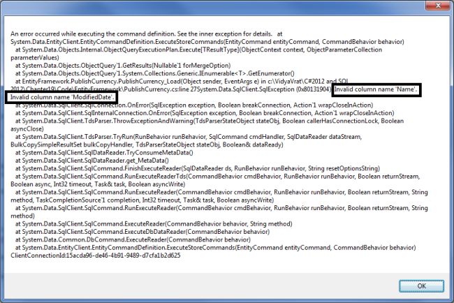Exception details to reflect invalid column name(s) after recent renaming