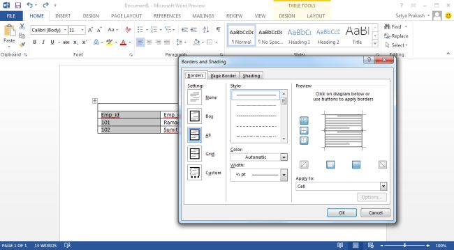 Add table border and shade in word 2013