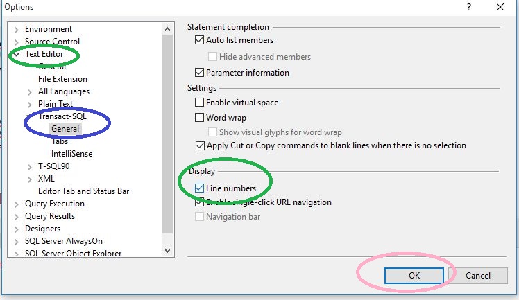 sql server management studio show line numbers