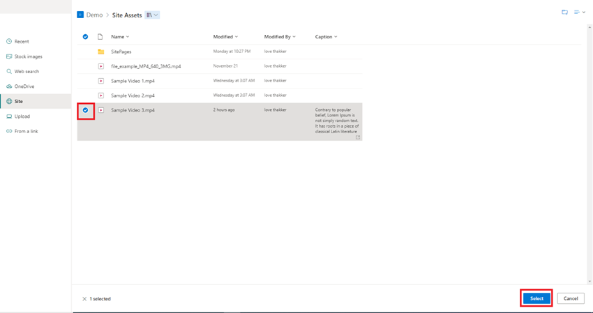 Video Embed Using Hero WebPart In SharePoint Online Modern Page