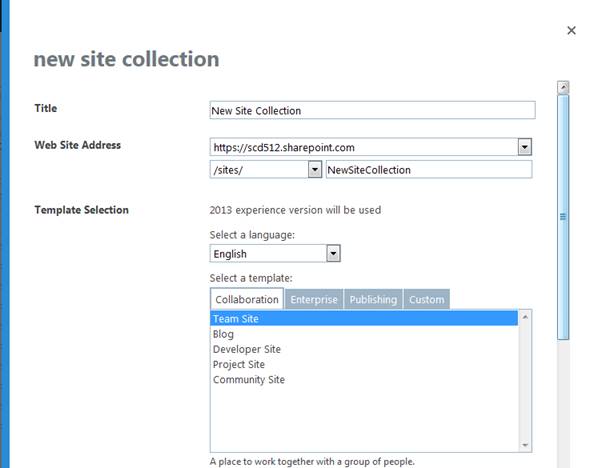 how to create a new sharepoint site collection in office 365