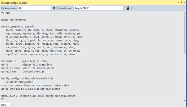 Npm is not recognized by visual studio