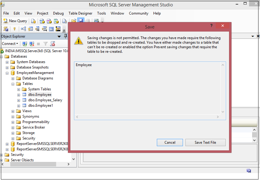Saving changes is not permitted in an existing sql server table