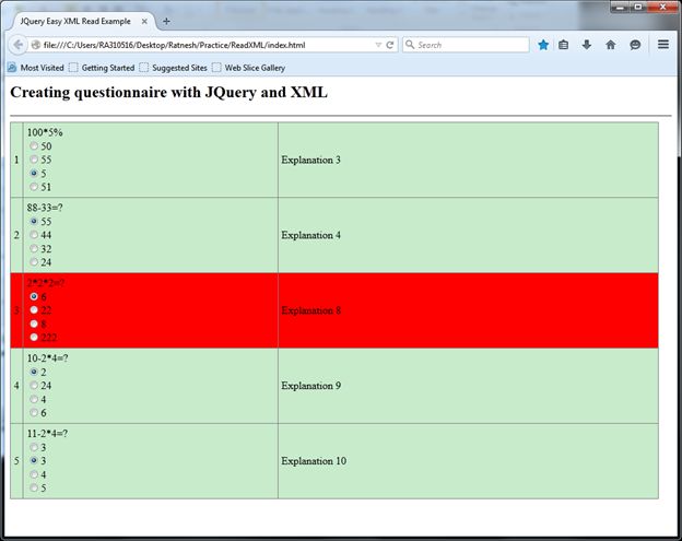 Creating questionnaire with JQuery and XML