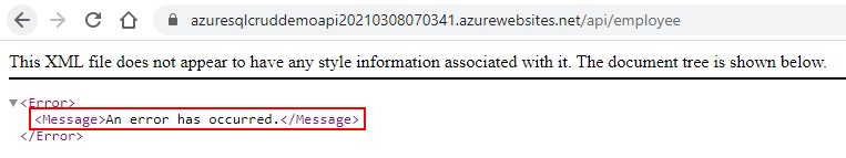 Azure App service API error while accessing Azure SQL data through ent