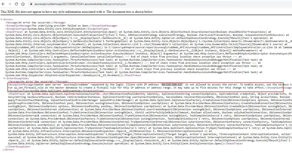 Azure App service API error while accessing Azure SQL data through ent