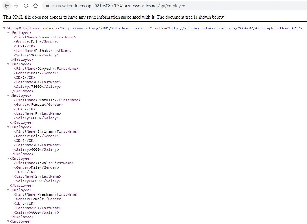 Azure App service API error while accessing Azure SQL data through ent