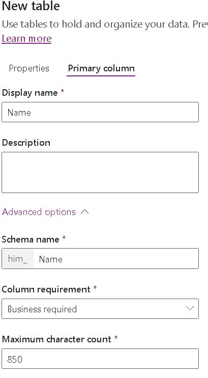 New table- Primary column