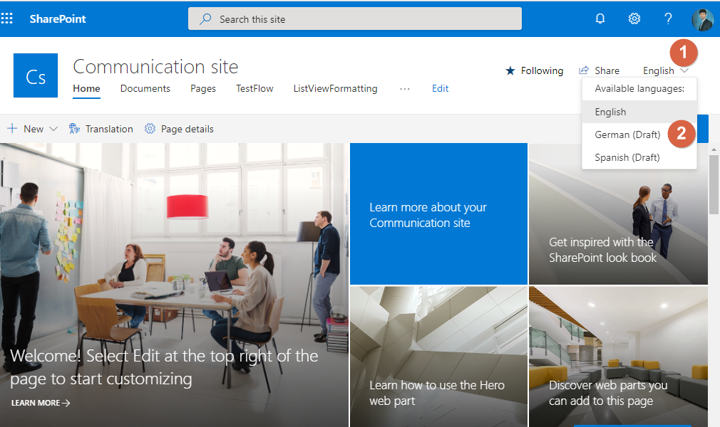 Create Multilingual Communication Sites Pages SharePoint Online