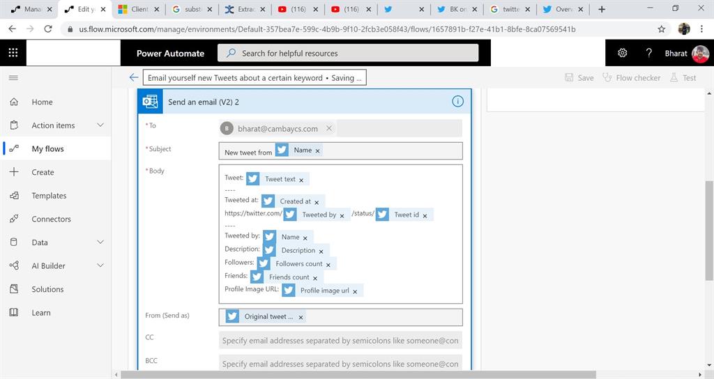 Simple Flow For A Twitter Tweet Notification To Outlook