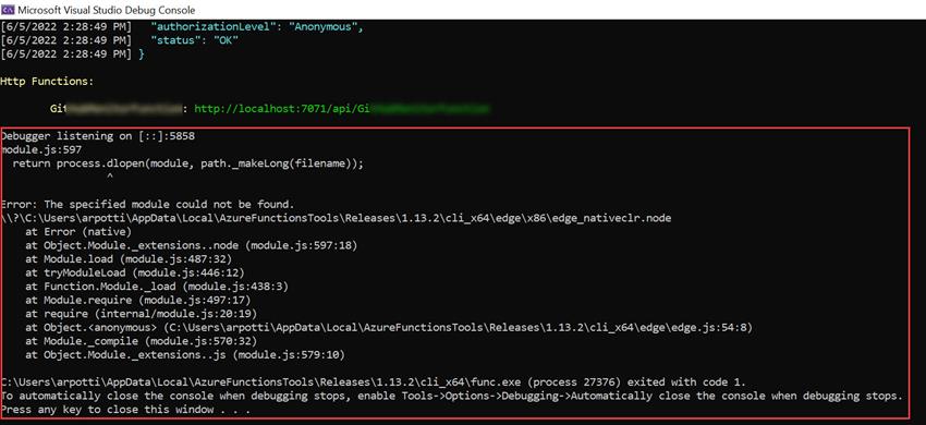 Error While Running Azure Function - Return Process.dlopen