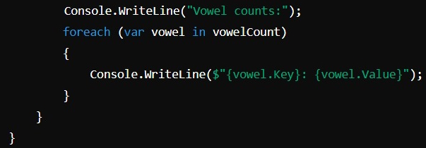 Counting Occurrences of Vowels in a String Using Dictionary in C#