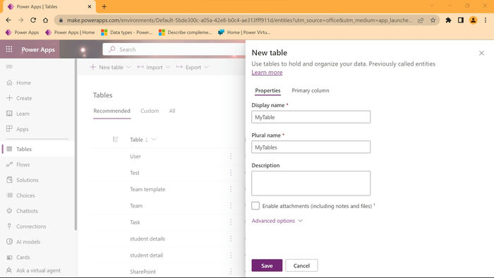 Create Power Apps Tables and Columns