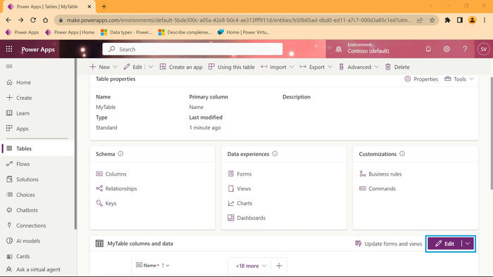Create Power Apps Tables and Columns