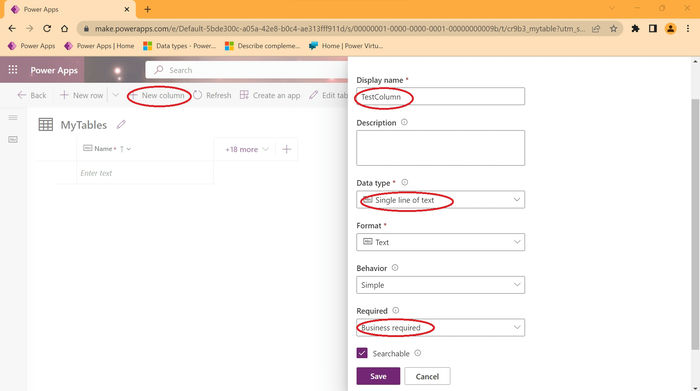 Create Power Apps Tables and Columns