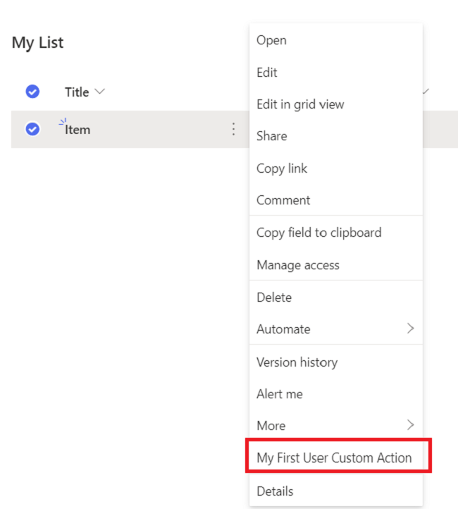 Add, Modify and Delete User custom action for list or library item