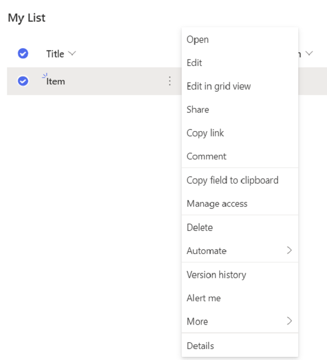 Add, Modify and Delete User custom action for list or library item