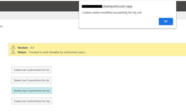 Add, Modify and Delete User custom action for list or library item