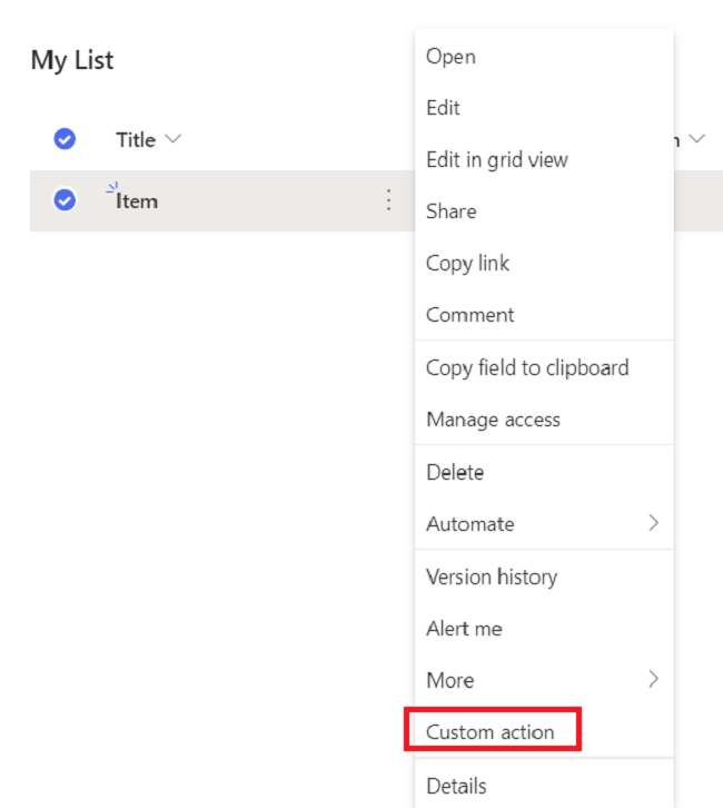 Add, Modify and Delete User custom action for list or library item
