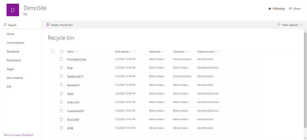Restore Recycle Bin Items From SharePoint Site Using CSOM