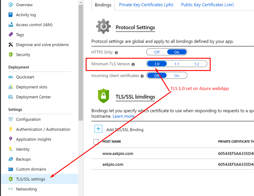 How To Configure The TLS And Resolve Errors Related To This On Azure WebApp