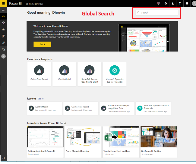 Power BI Service Home Page