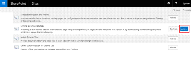 Minimum Download Strategy was a new feature introduced in SharePoint 2013 to improve the page rendering performance by downloading only the content that has changed between the current page and requested page. By default MDS is enabled in the site which can be verified by going to the site features.    MDS uses a single file (start.aspx) present in the layouts folder for all the pages. The actual URL will be encoded following the hash mark in the URL as shown below:  /_layouts/15/start.aspx#/Shared%20Documents/Forms/AllItems.aspx  So, say when moving from home page to shared documents, only the changes in contents between the two pages will be downloaded.    However MDS can cause problems in some scenarios where customization has been applied through JS Link. So I had to disable MDS across the sites to get the JSLink customization working. We can do that using PowerShell. Spin up SharePoint 2016 Management Shell.    Run the below code which will loop through the sites and disable MDS feature.     $SPWebApplication = Get-SPWebApplication -Identity "http://SharePoint2016"   $SPSiteCollection =$SPWebApplication | Get-SPSite -limit all      foreach ($SPSite in $SPSiteCollection)   {      $SPWebs = $SPSite | Get-SPweb -limit all      foreach ($SPWeb in $SPWebs)      {        Disable-SPFeature -Identity "87294c72-f260-42f3-a41b-981a2ffce37a" -url $SPWeb.URL -Confirm:$False      }   }        Heading over to the features page, we can verify that the MDS feature has been disabled.    Summary:  Thus we saw how to disable Minimum Download strategy across sites in SharePoint Server 2016.