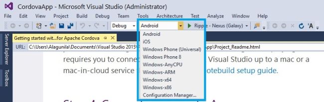 File Why is it in your project? bower.json This file manages the Bower packages dependencies of our app. build.json This file contains parameters that Visual Studio uses to build a signed Android package. config.xml Contains the settings of our app. taco.json Defines which version of the Cordova CLI Visual Studio uses to build the project.