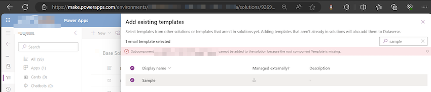 Subcomponent cannot be added to the solution in Dataverse