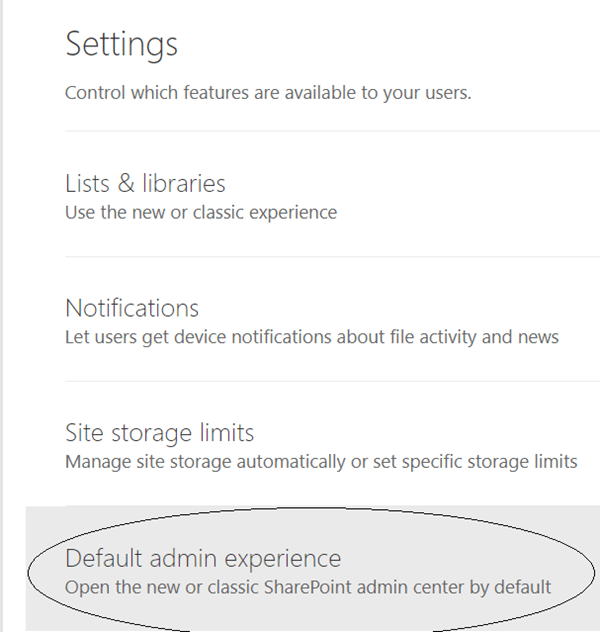 Office 365 - SharePoint Online Default Admin Experience Setting
